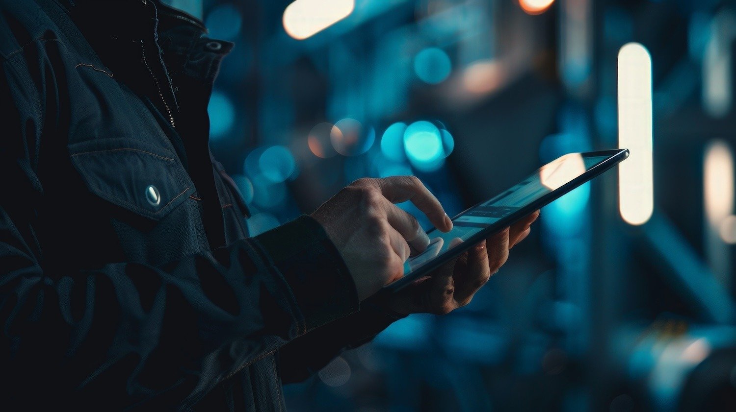  Licensed Industrial worker engaging with a tablet to oversee production data, enhancing operational efficiency through technology-driven decision-making in a modern workspace